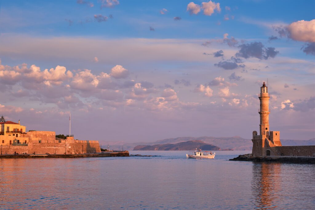 Boat in picturesque old port of Chania, Crete island. Greece